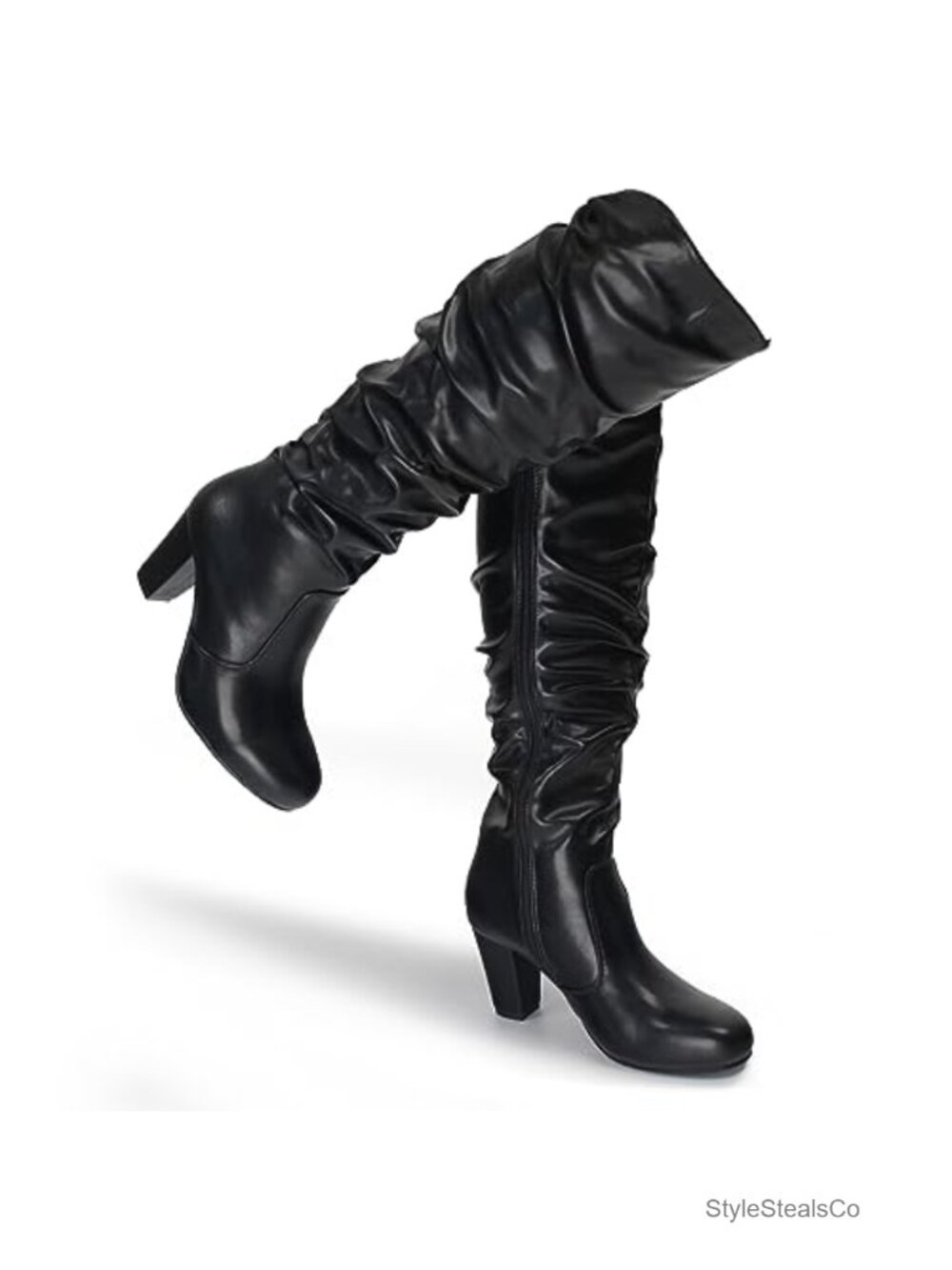 Women's Chunky High Heel Knee High Side Zip Boots Pointed Toe PU